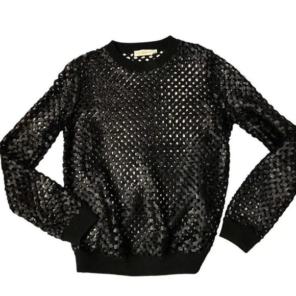 Tory Burch Lansing Sequined Plaid Mesh Sweater - Picture 2 of 13